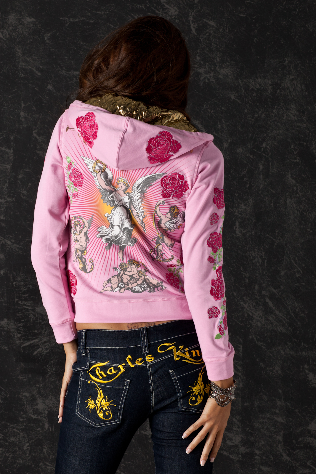 Complete pink Triumph of Archangel hoodie showing its Archangel composition and embroidered roses